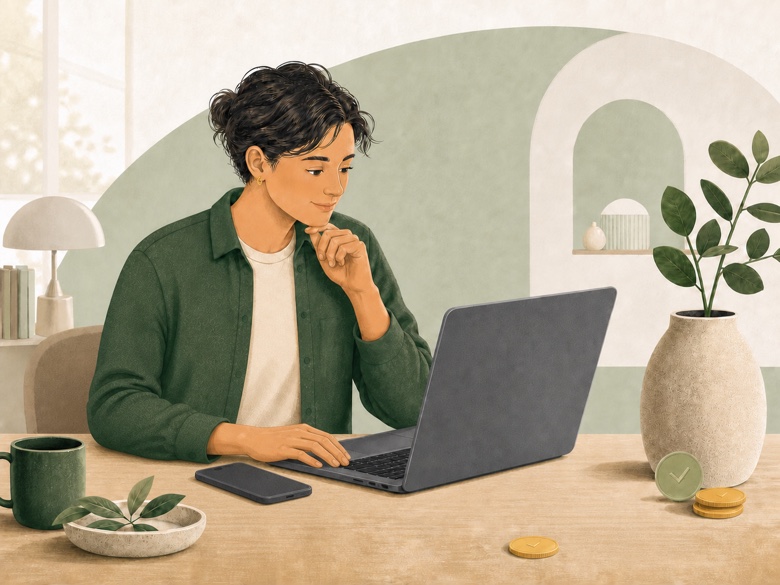 Nainen työskentelee kannettavalla tietokoneella ja puhelin on pöydällä tietokoneen vieressä